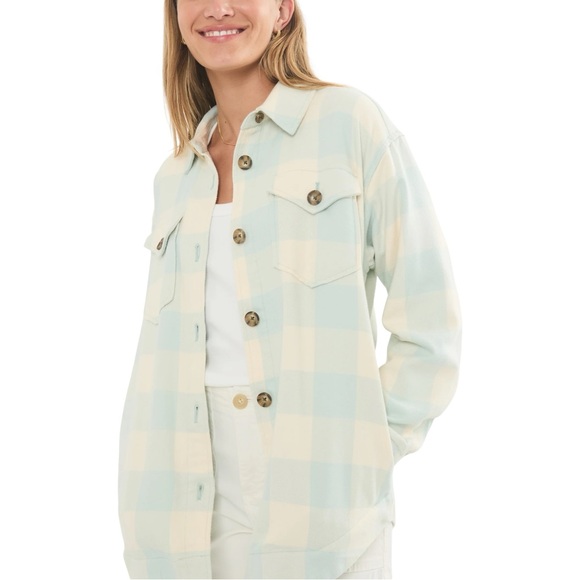 MARINE LAYER Bailey Light Blue / Cream Buffalo Plaid Flannel Shirt Jacket Medium - Picture 1 of 9